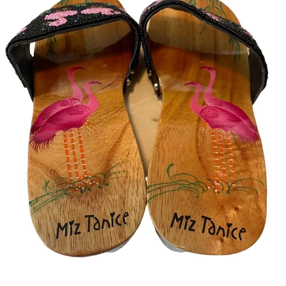 Miz Tanice Beaded & Painted Pink Flamingo Wood Slides in ladies Sz 8.